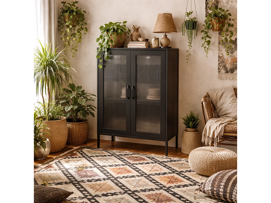 Barla Black Steel 2 Door Cabinet with Reeded Glass