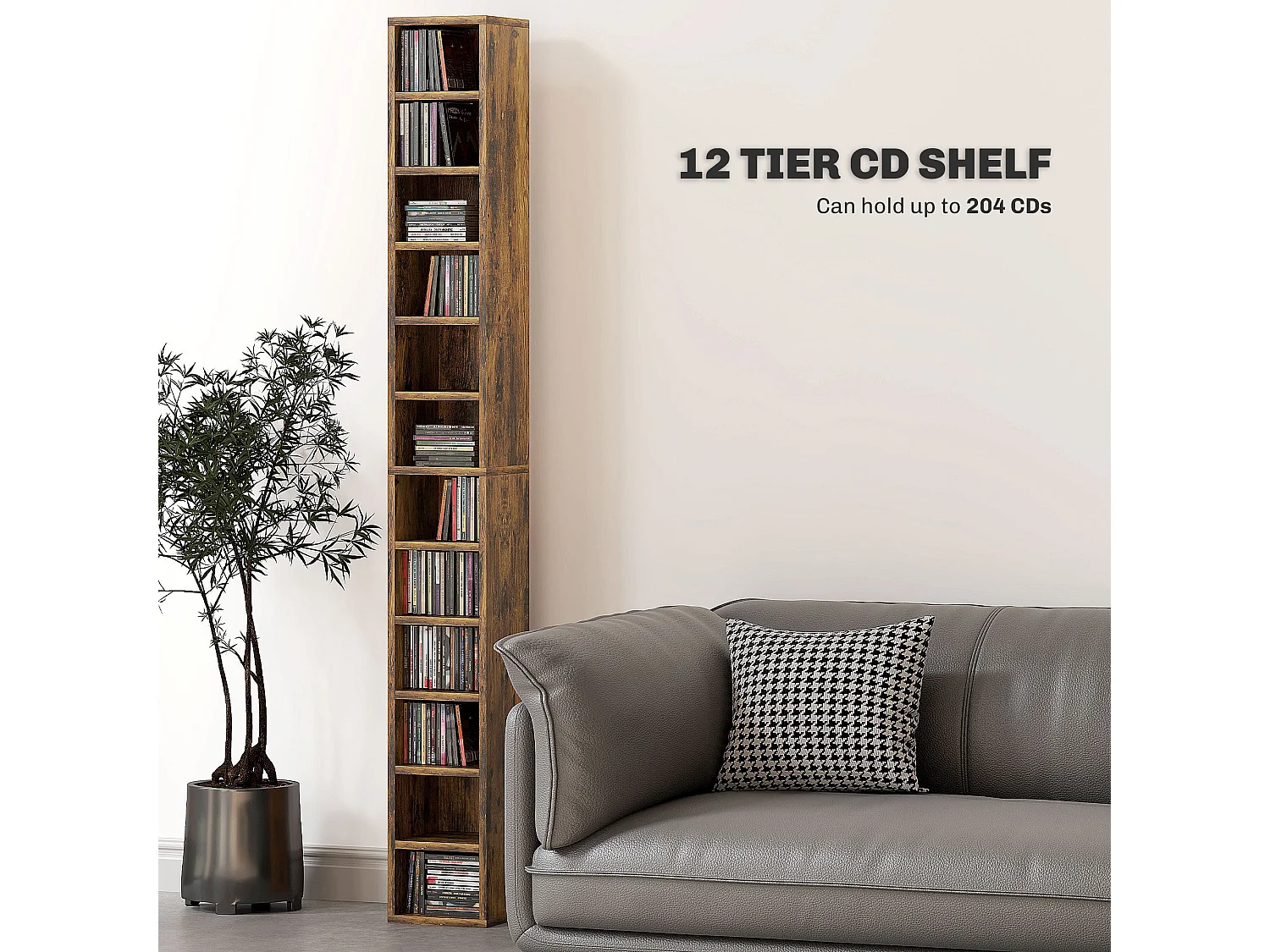 Nedito Wood Rustic Brown Tall Narrow Media Tower 204 Disc Capacity