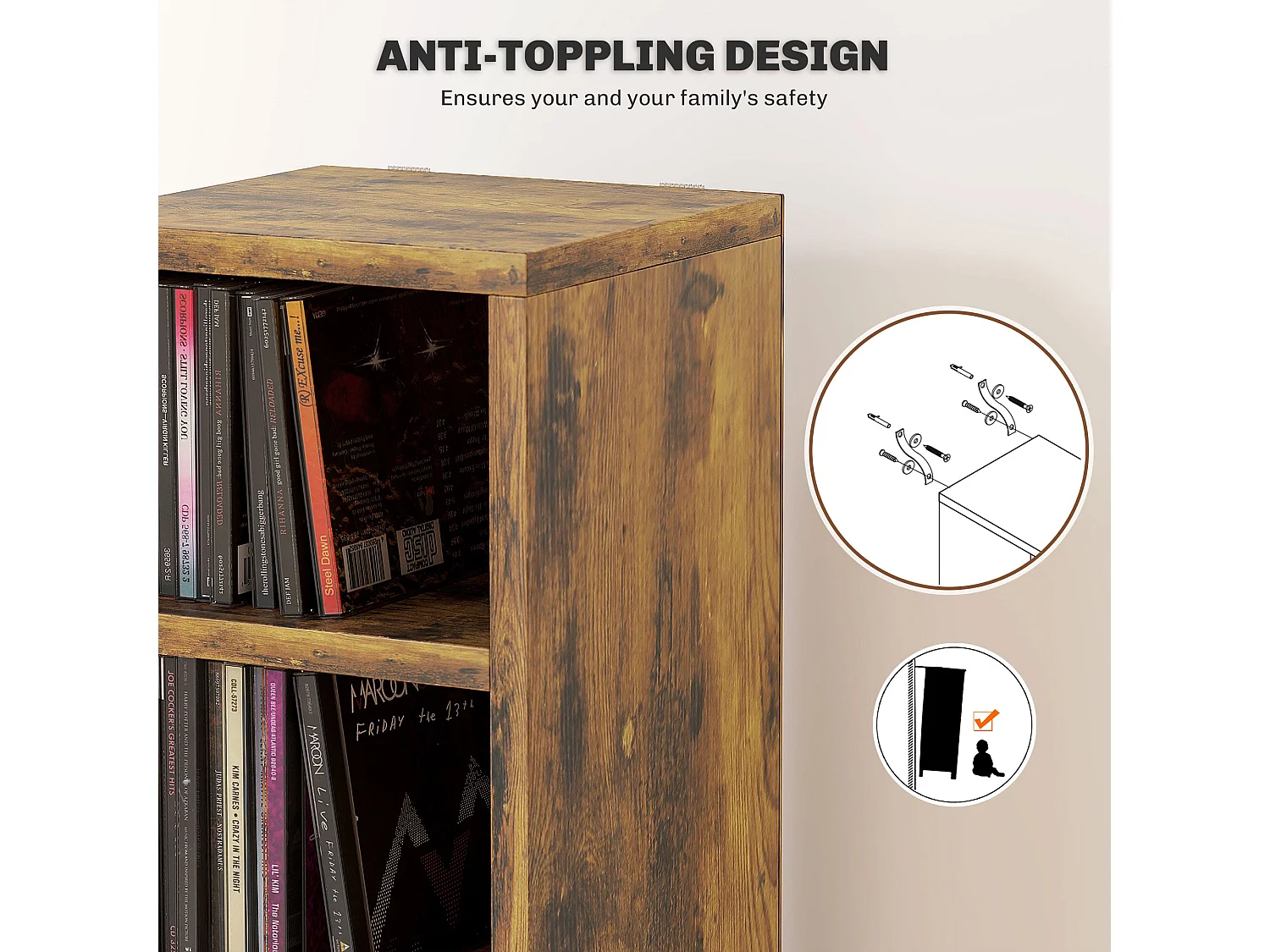 Nedito Wood Rustic Brown Tall Narrow Media Tower 204 Disc Capacity