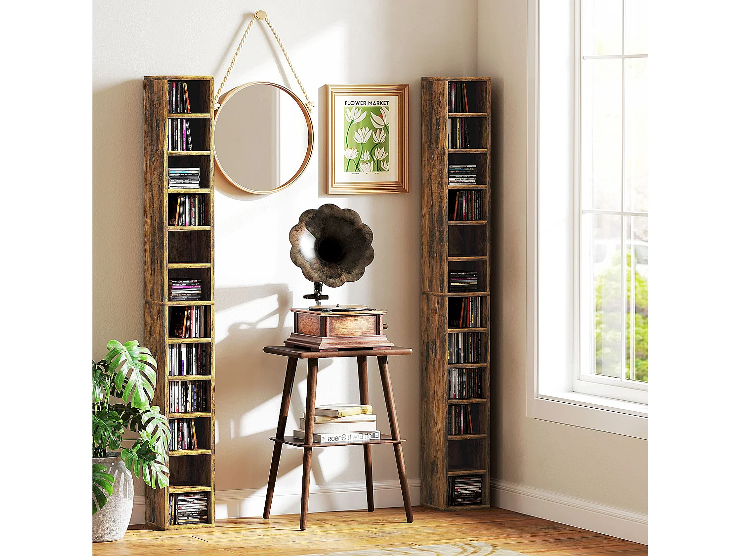 Nedito Wood Rustic Brown Tall Narrow Media Tower 204 Disc Capacity