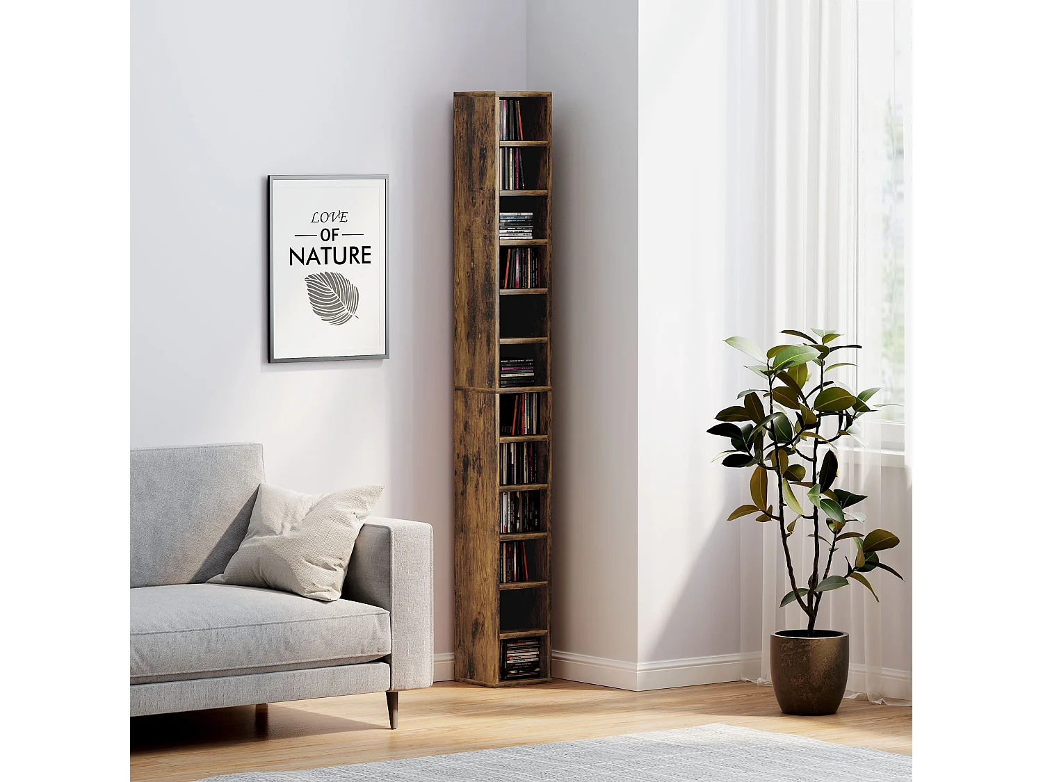 Nedito Wood Rustic Brown Tall Narrow Media Tower 204 Disc Capacity