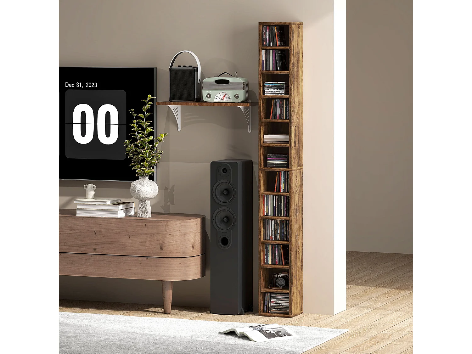 Nedito Wood Rustic Brown Tall Narrow Media Tower 204 Disc Capacity
