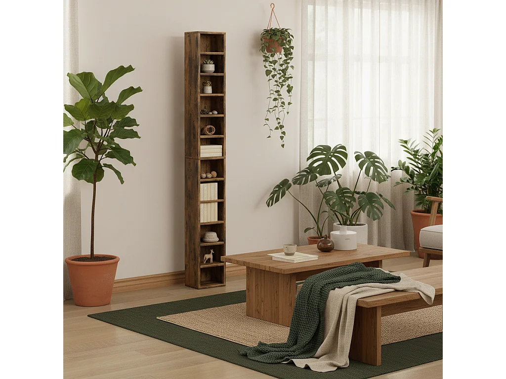 Nedito Wood Rustic Brown Tall Narrow Media Tower 204 Disc Capacity