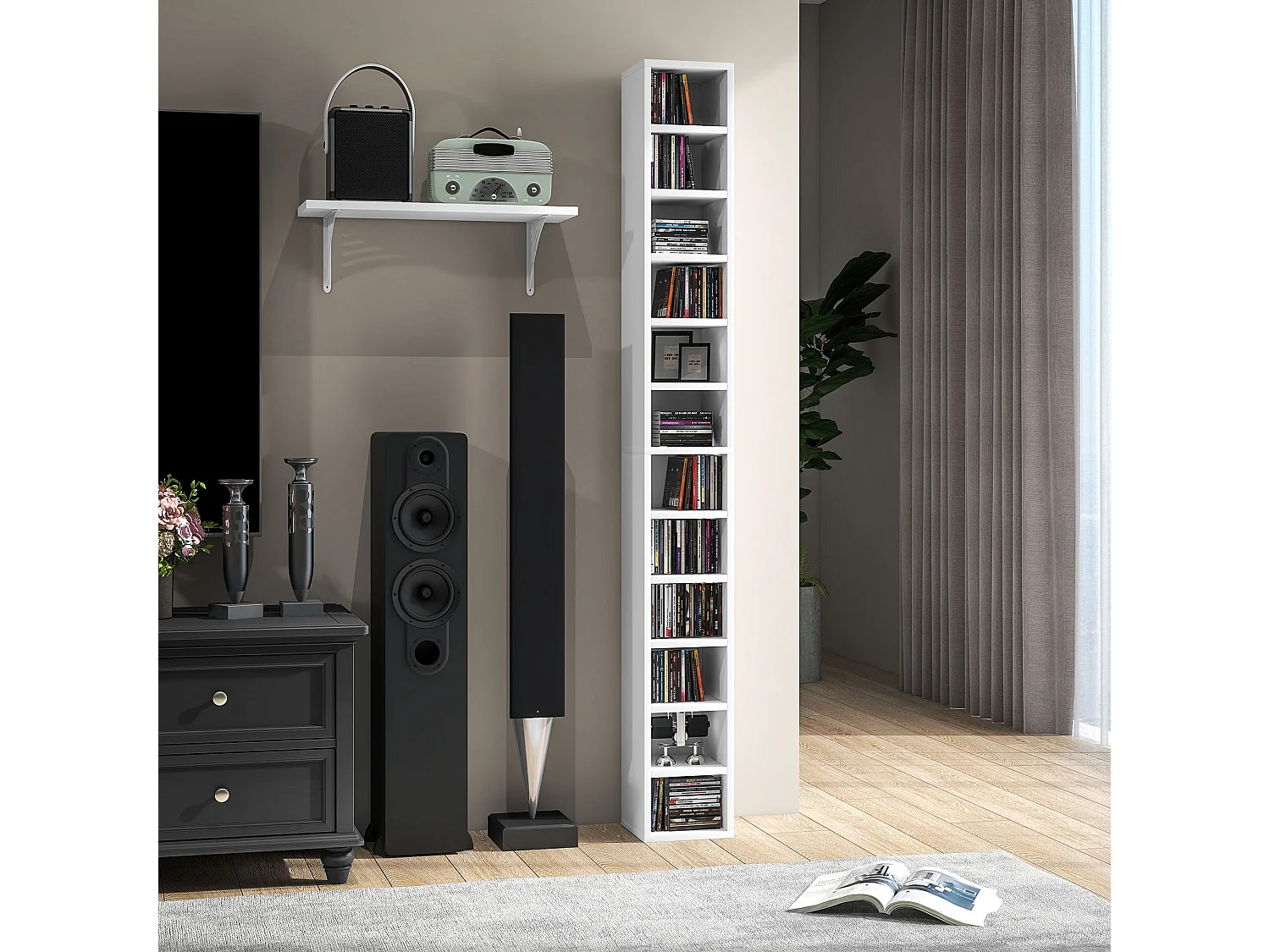 Manina Tall Narrow White CD Storage Tower 204 Disc Capacity