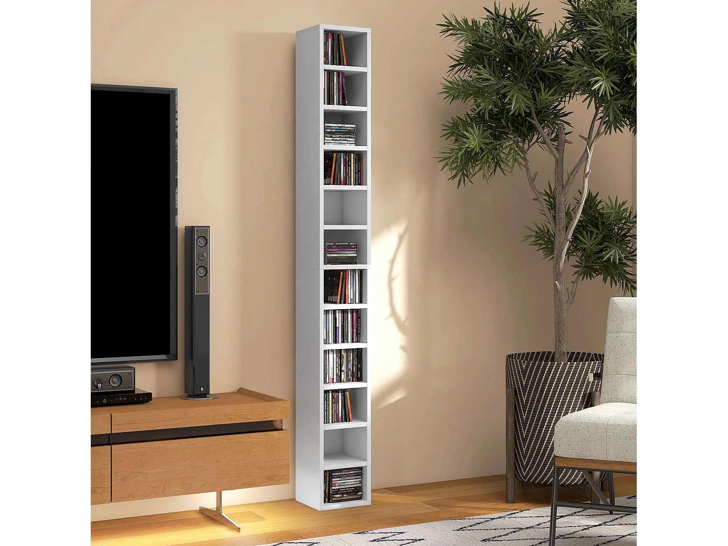 Manina Tall Narrow White CD Storage Tower 204 Disc Capacity