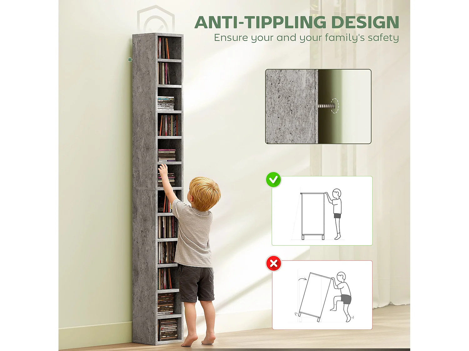 Loli Tall Narrow Media Storage Tower Cement Grey Holds 204 CDs