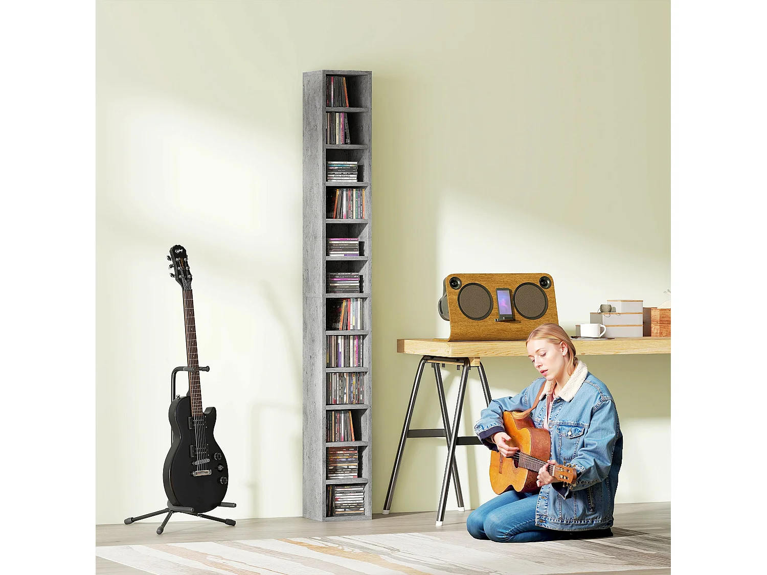 Loli Tall Narrow Media Storage Tower Cement Grey Holds 204 CDs