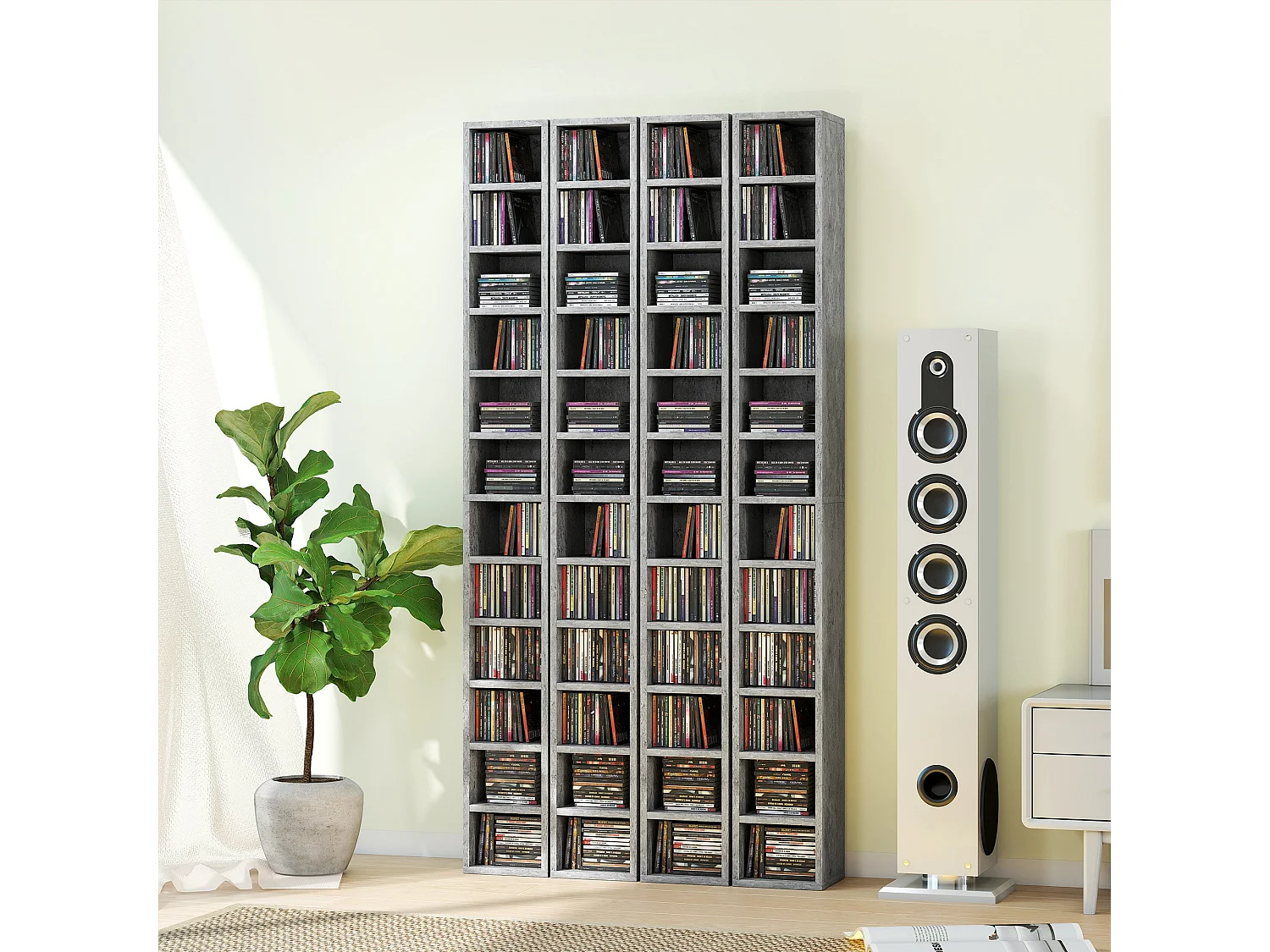 Loli Tall Narrow Media Storage Tower Cement Grey Holds 204 CDs