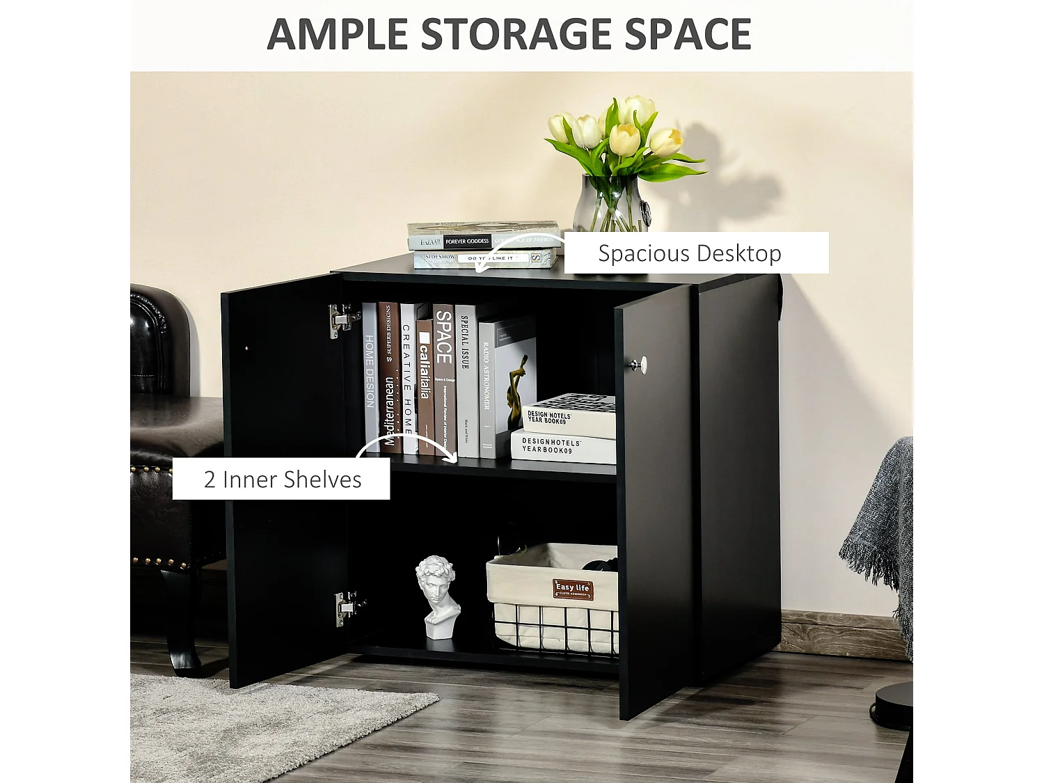 Cosofi Black Freestanding Storage Cabinet 2 Doors 2 Shelves 70x70x39cm