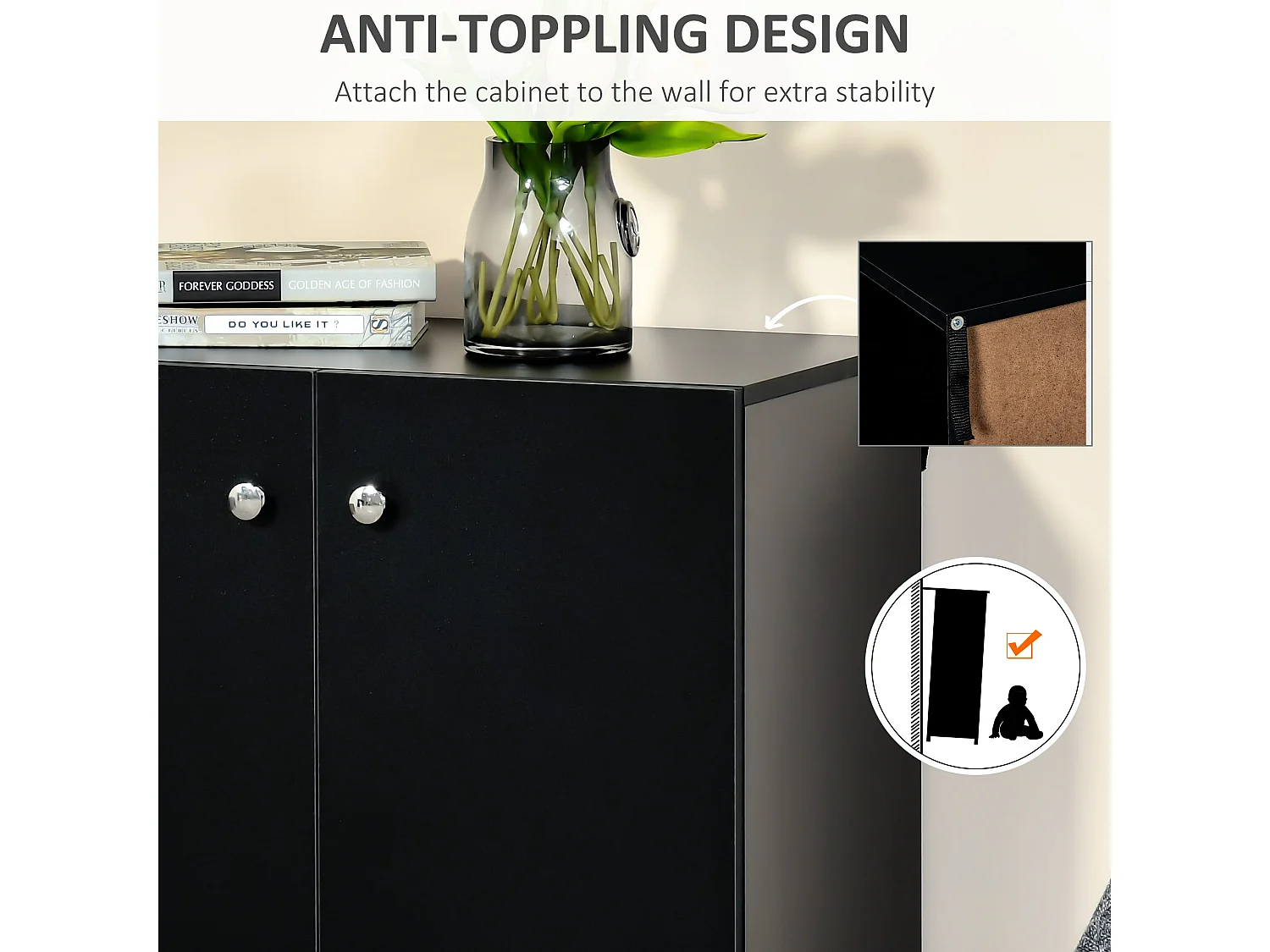 Cosofi Black Freestanding Storage Cabinet 2 Doors 2 Shelves 70x70x39cm