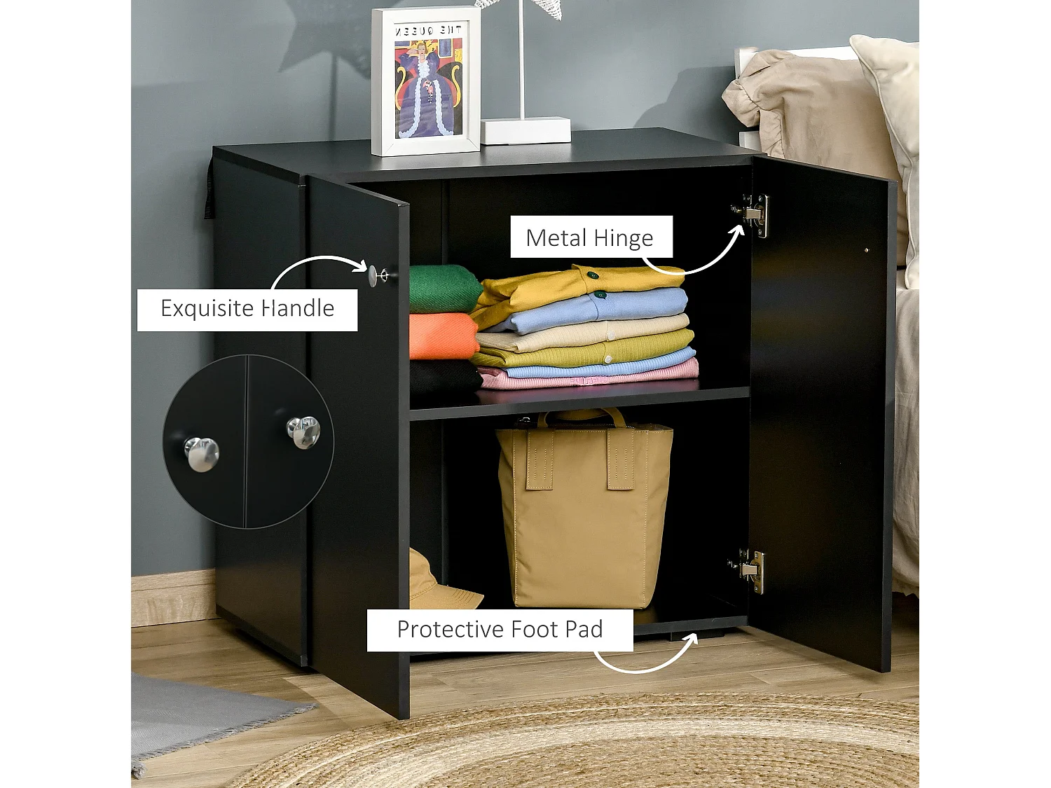 Cosofi Black Freestanding Storage Cabinet 2 Doors 2 Shelves 70x70x39cm