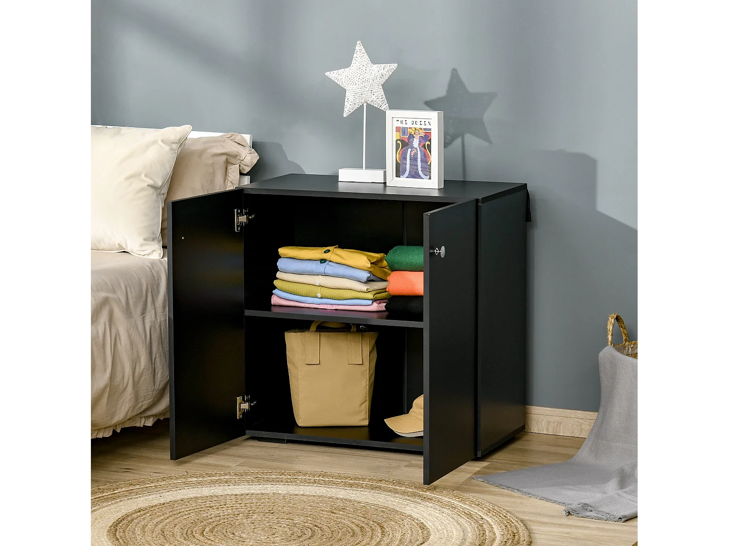 Cosofi Black Freestanding Storage Cabinet 2 Doors 2 Shelves 70x70x39cm