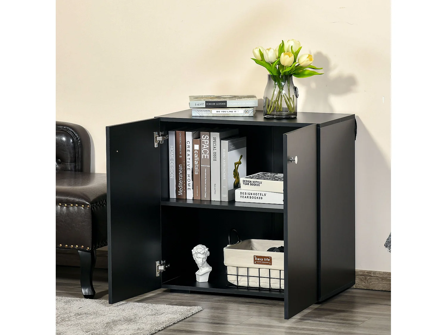 Cosofi Black Freestanding Storage Cabinet 2 Doors 2 Shelves 70x70x39cm