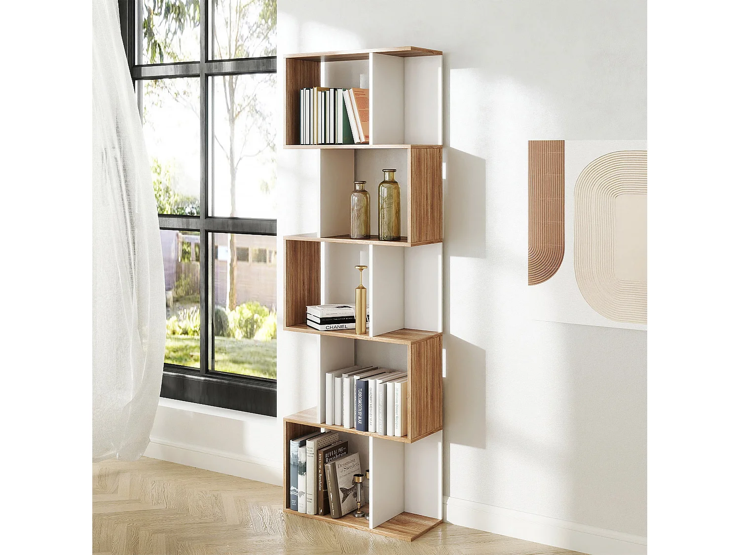 Solieco Oak and White S Shaped 5 Tier Freestanding Bookcase