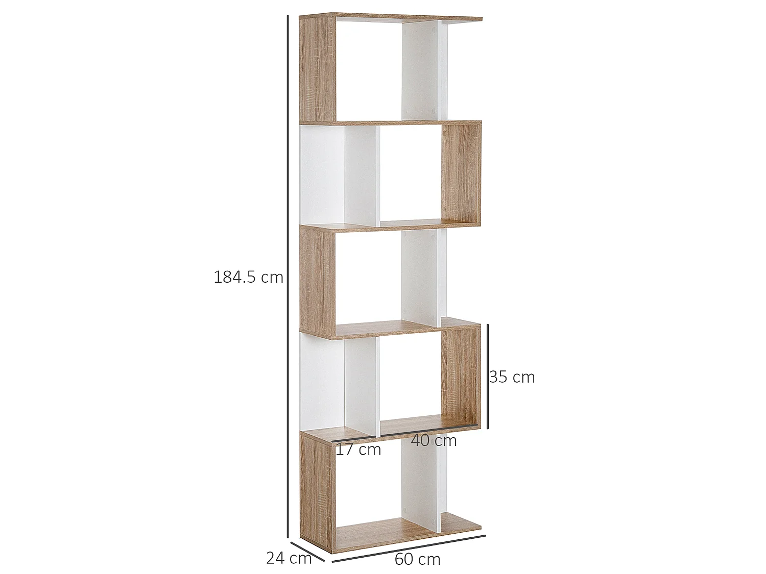 Solieco Oak and White S Shaped 5 Tier Freestanding Bookcase