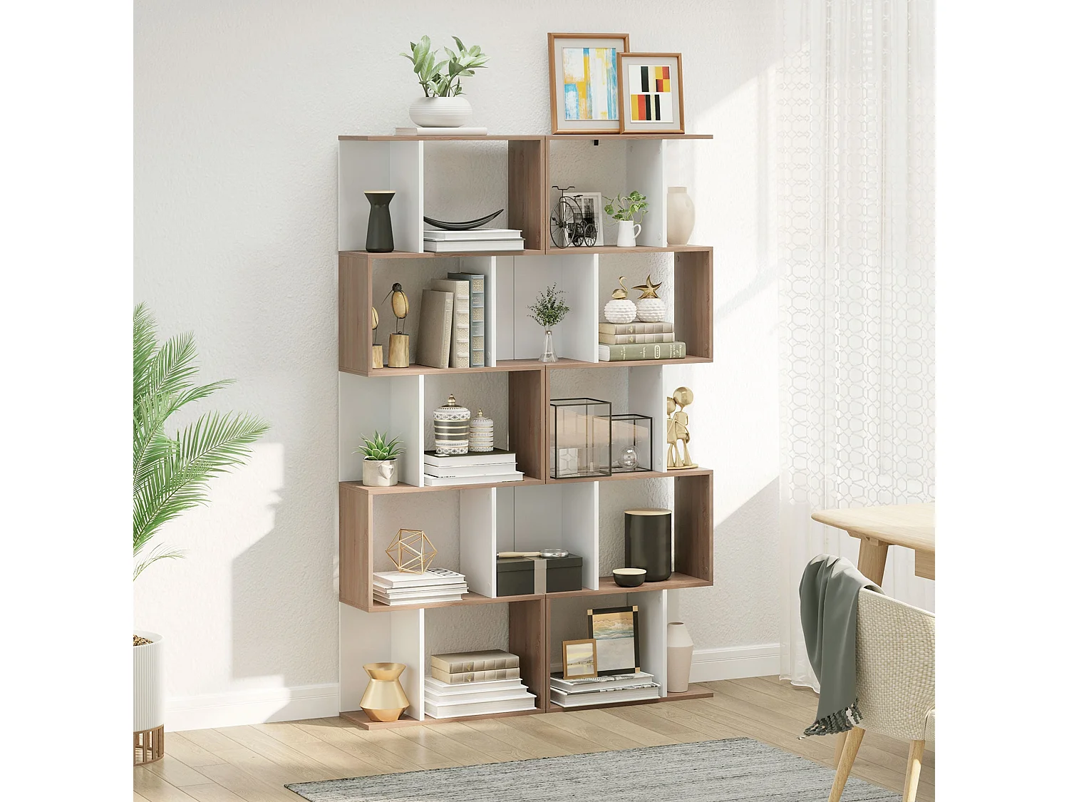 Solieco Oak and White S Shaped 5 Tier Freestanding Bookcase