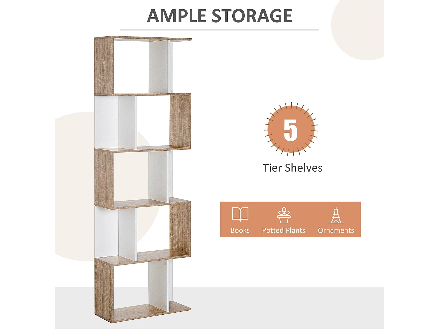 Solieco Oak and White S Shaped 5 Tier Freestanding Bookcase