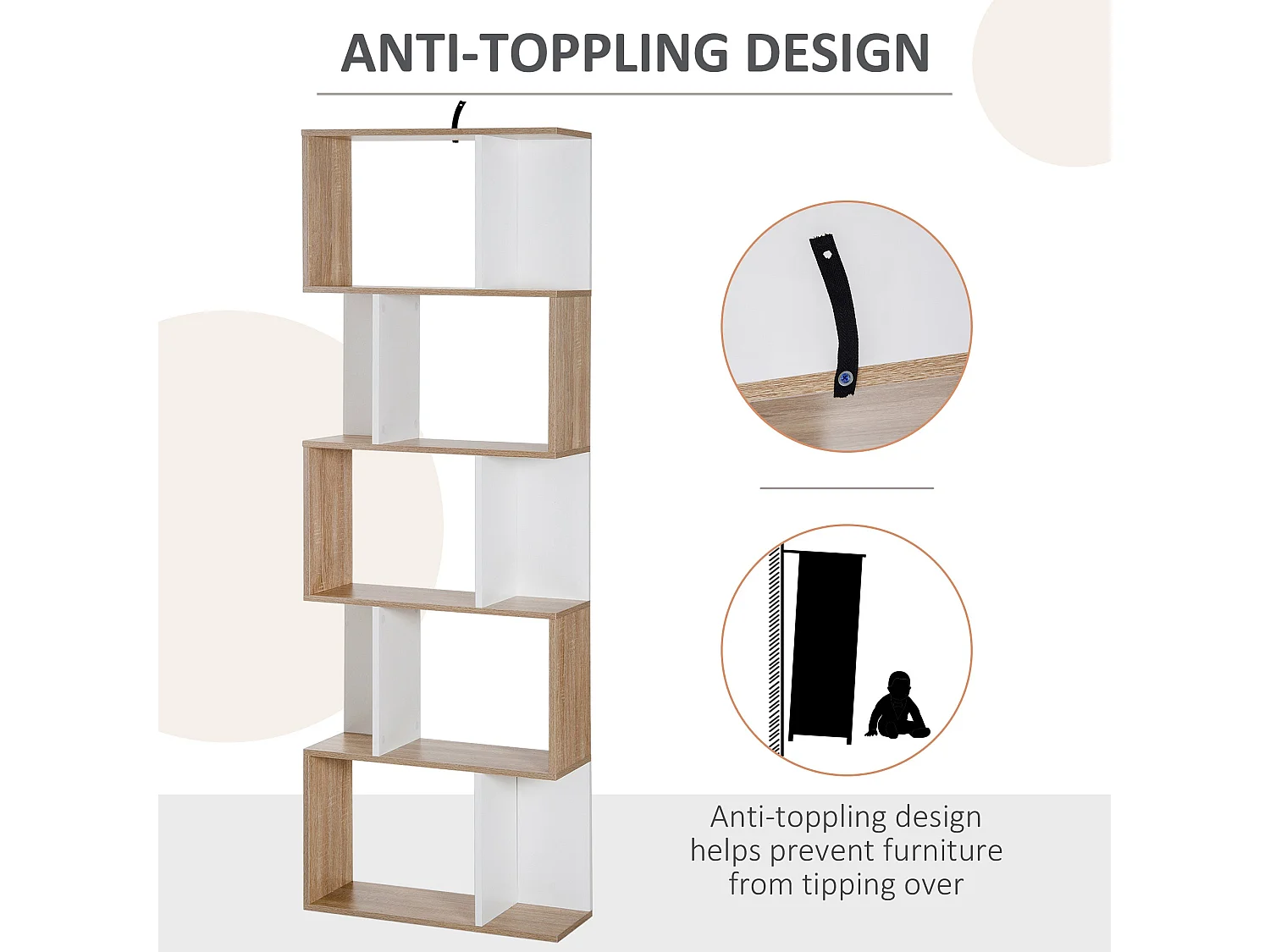 Solieco Oak and White S Shaped 5 Tier Freestanding Bookcase