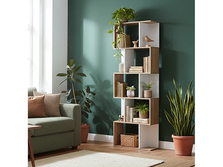 Solieco Oak and White S Shaped 5 Tier Freestanding Bookcase