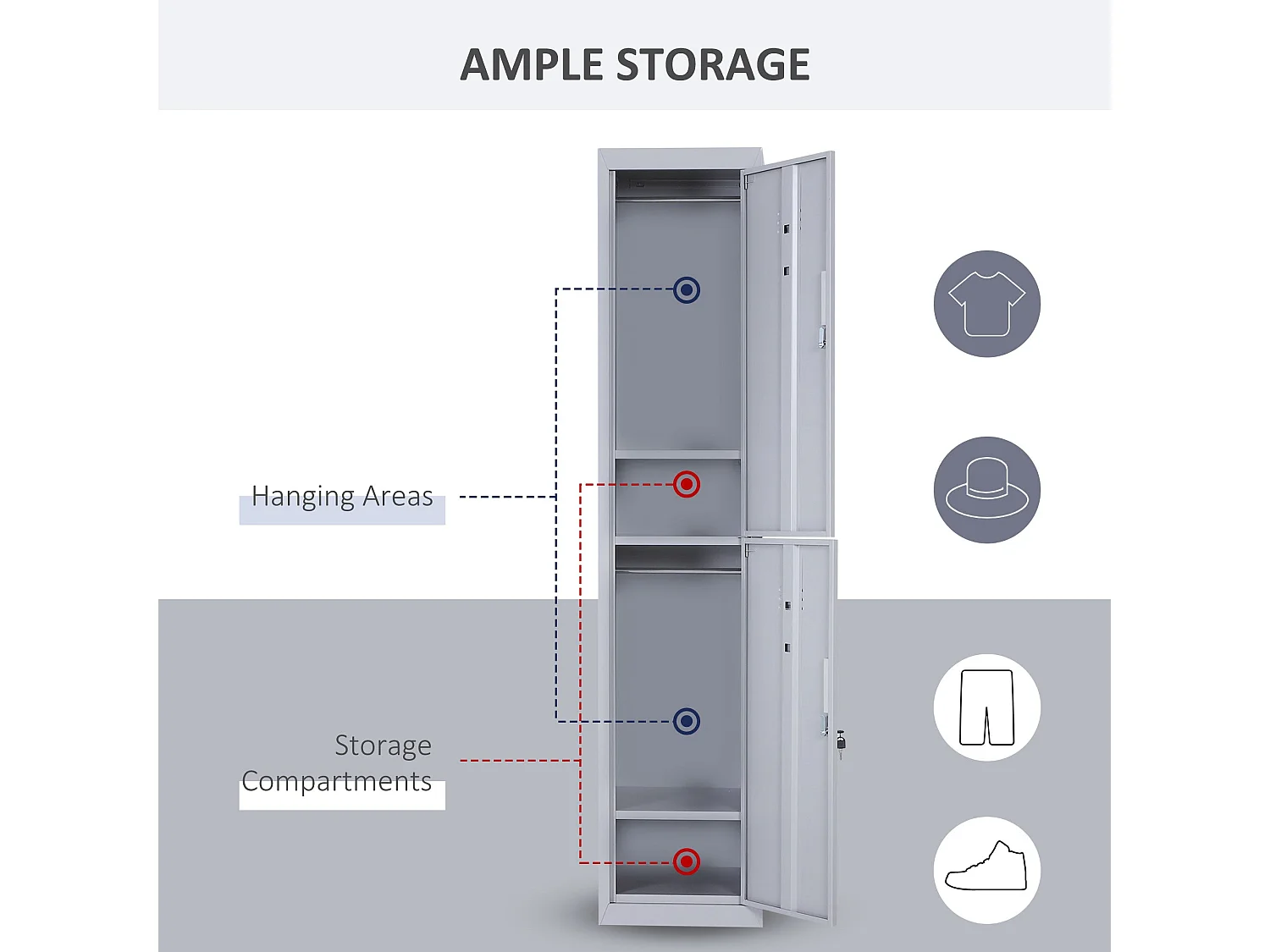 Marino 180cm Light Grey Metal Locker Cabinet 2 Lockable Doors Internal Shelves