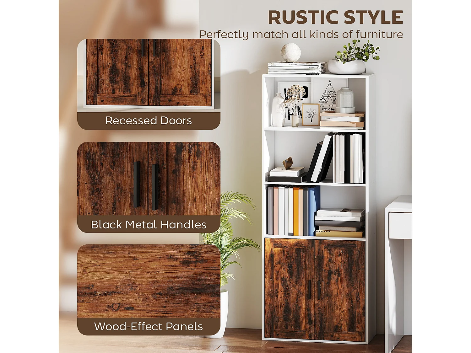 Selofi Rustic Brown 5 Tier Bookcase with Adjustable Shelves