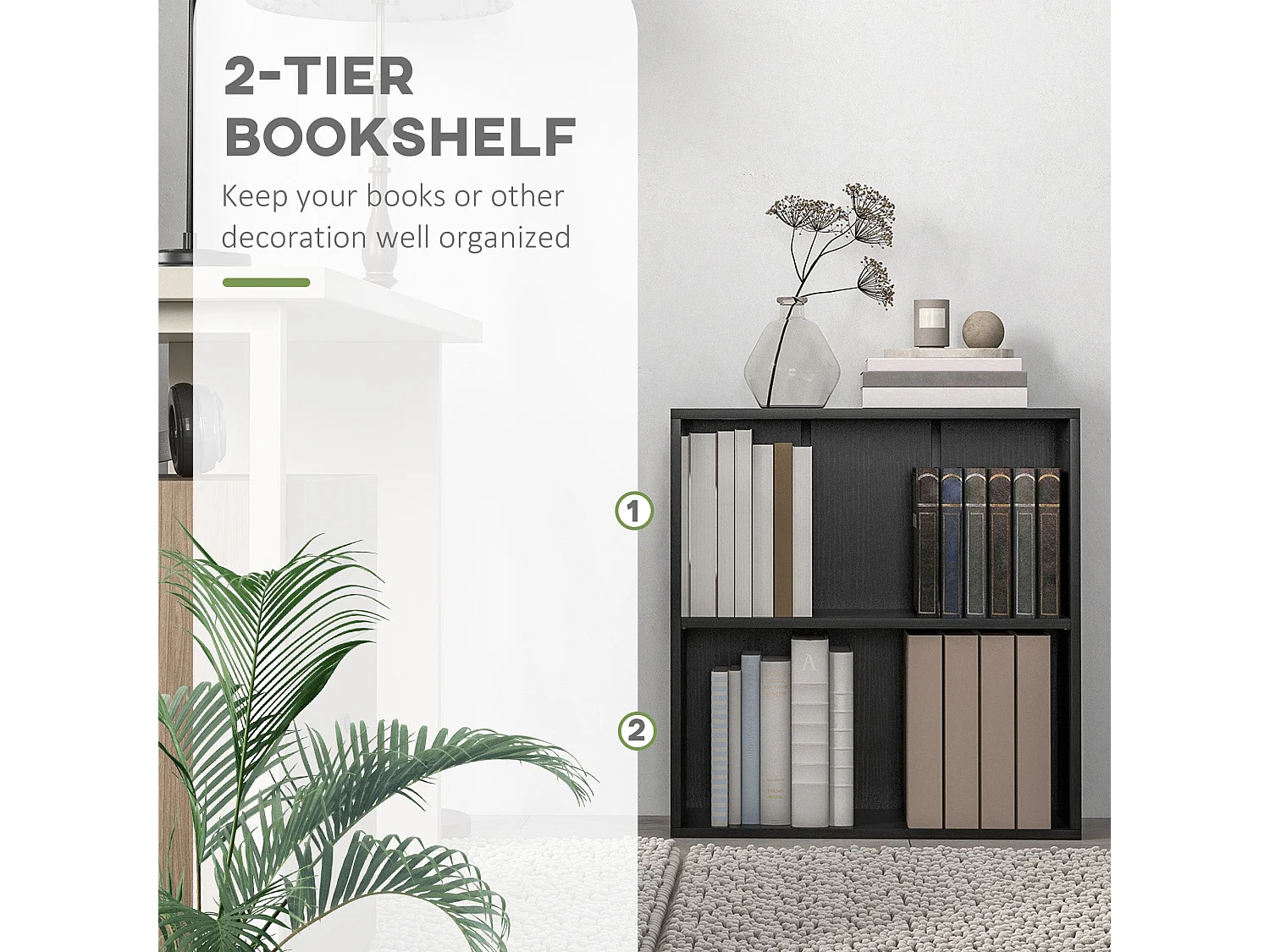 Rokepa Black 2 Tier Bookcase Adjustable Shelf Melamine Finish
