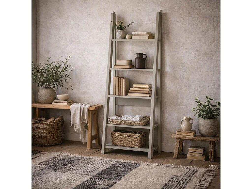 Athy Grey Wooden Ladder Bookcase 5 Shelf Modern Grey Finish