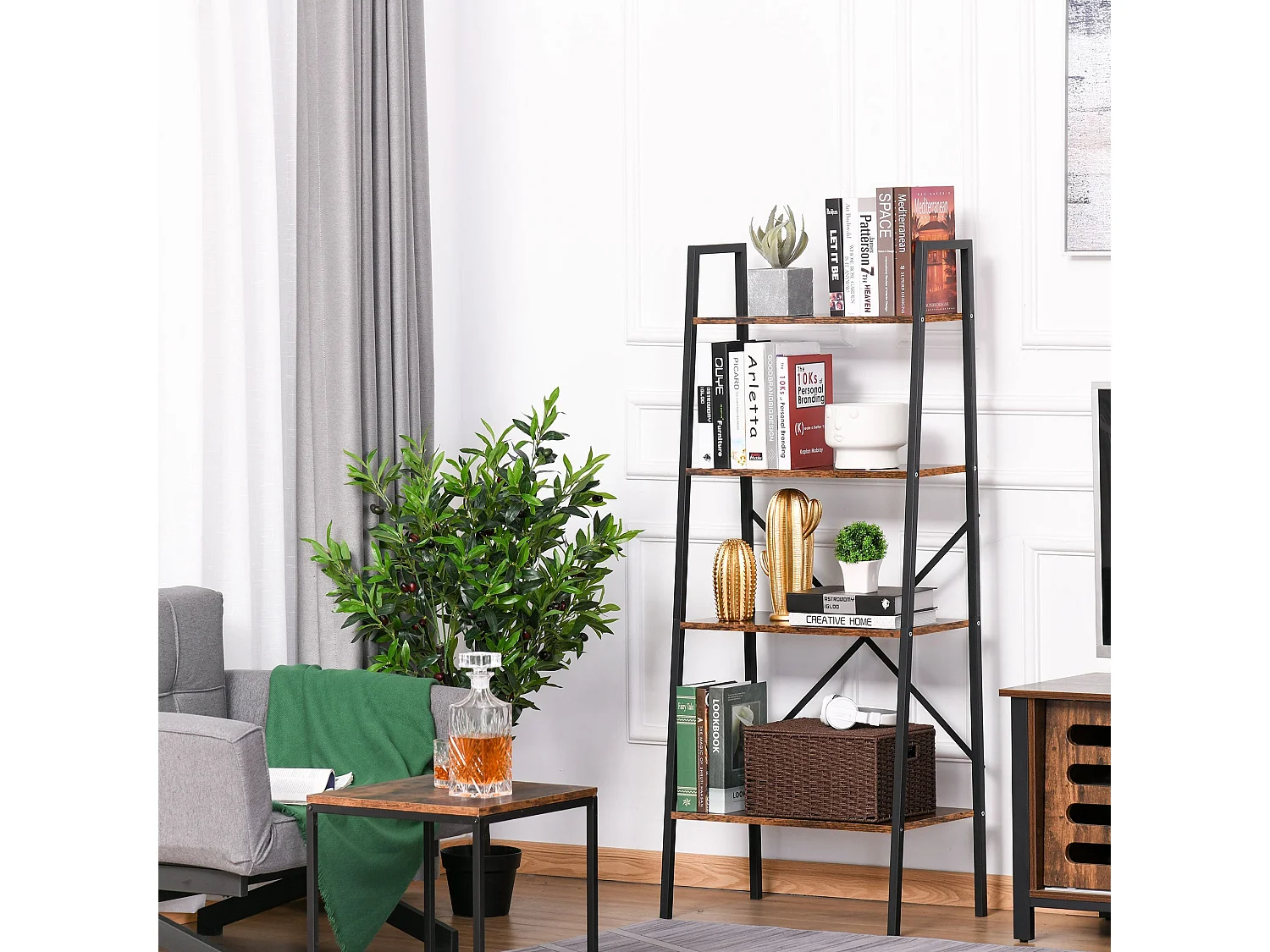 Tanile 4 Tier Ladder Bookshelf Rustic Brown MDF Shelves Black Steel Frame