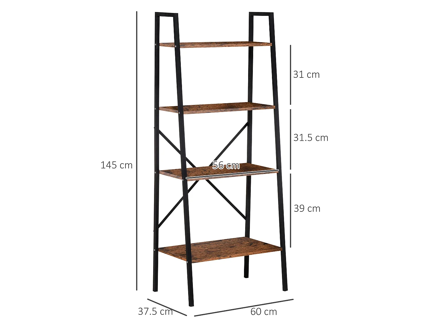 Tanile 4 Tier Ladder Bookshelf Rustic Brown MDF Shelves Black Steel Frame