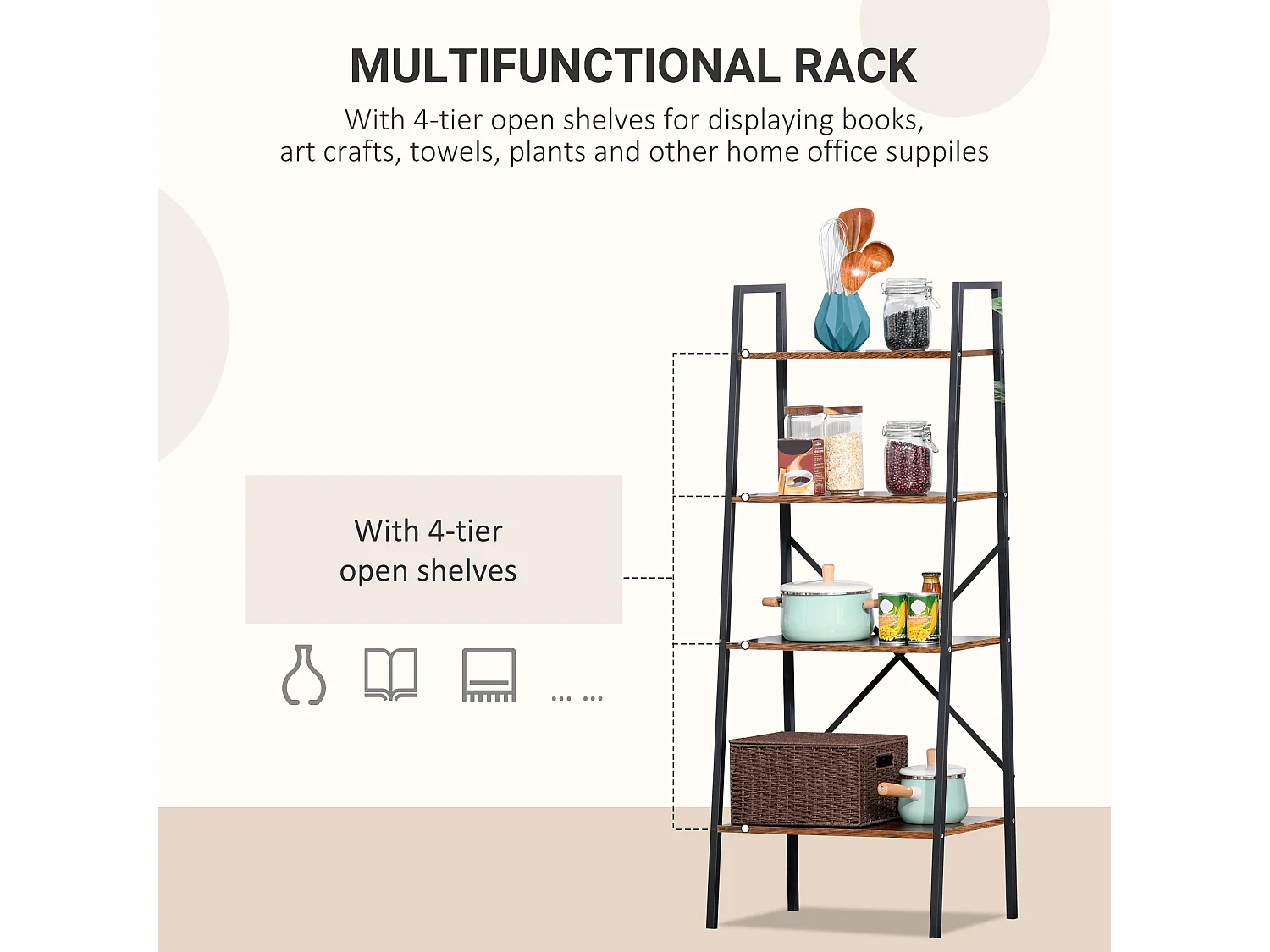 Tanile 4 Tier Ladder Bookshelf Rustic Brown MDF Shelves Black Steel Frame