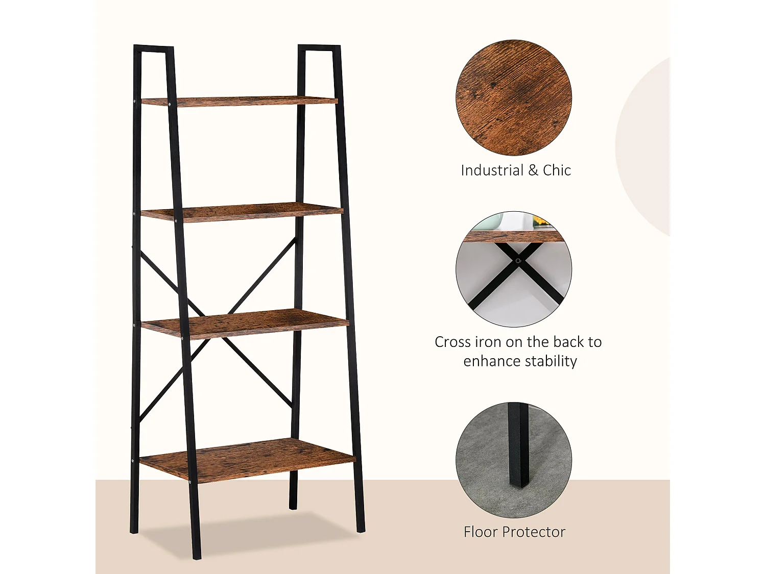 Tanile 4 Tier Ladder Bookshelf Rustic Brown MDF Shelves Black Steel Frame