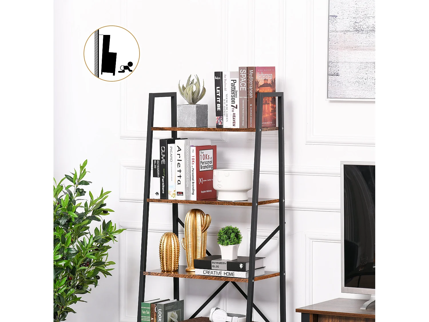 Tanile 4 Tier Ladder Bookshelf Rustic Brown MDF Shelves Black Steel Frame