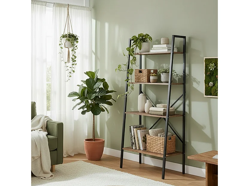 Tanile 4 Tier Ladder Bookshelf Rustic Brown MDF Shelves Black Steel Frame