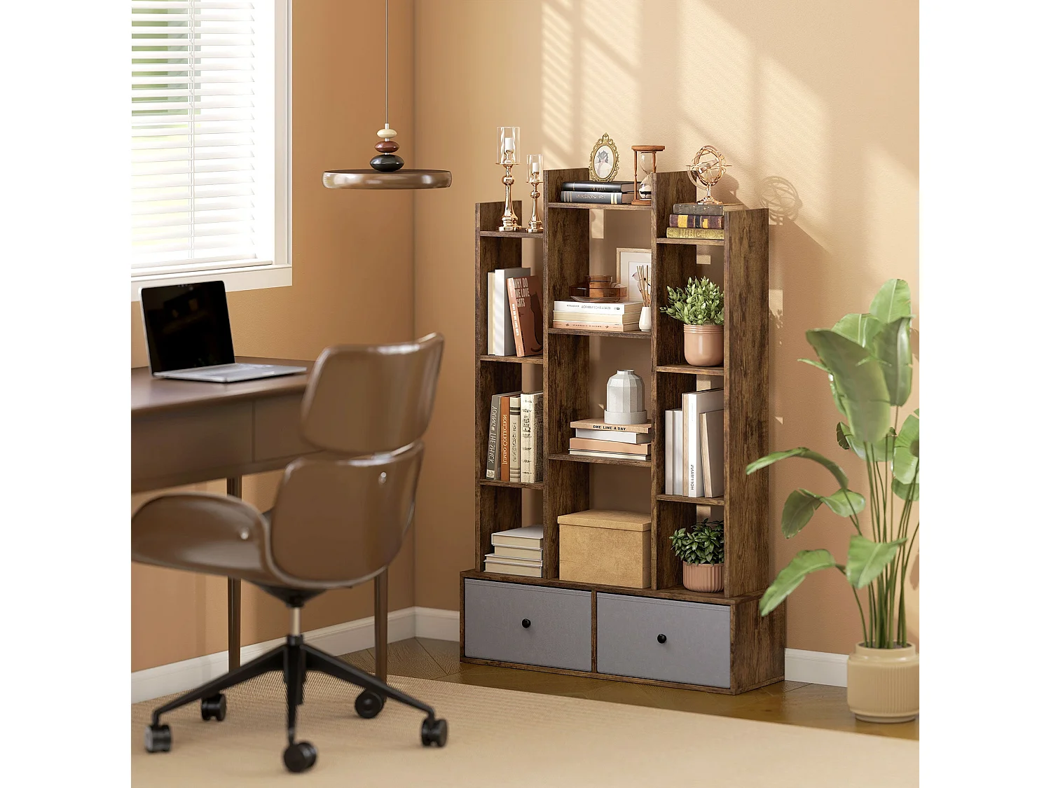 Nero Rustic Brown 12 Compartment Storage Unit with 2 Fabric Drawers