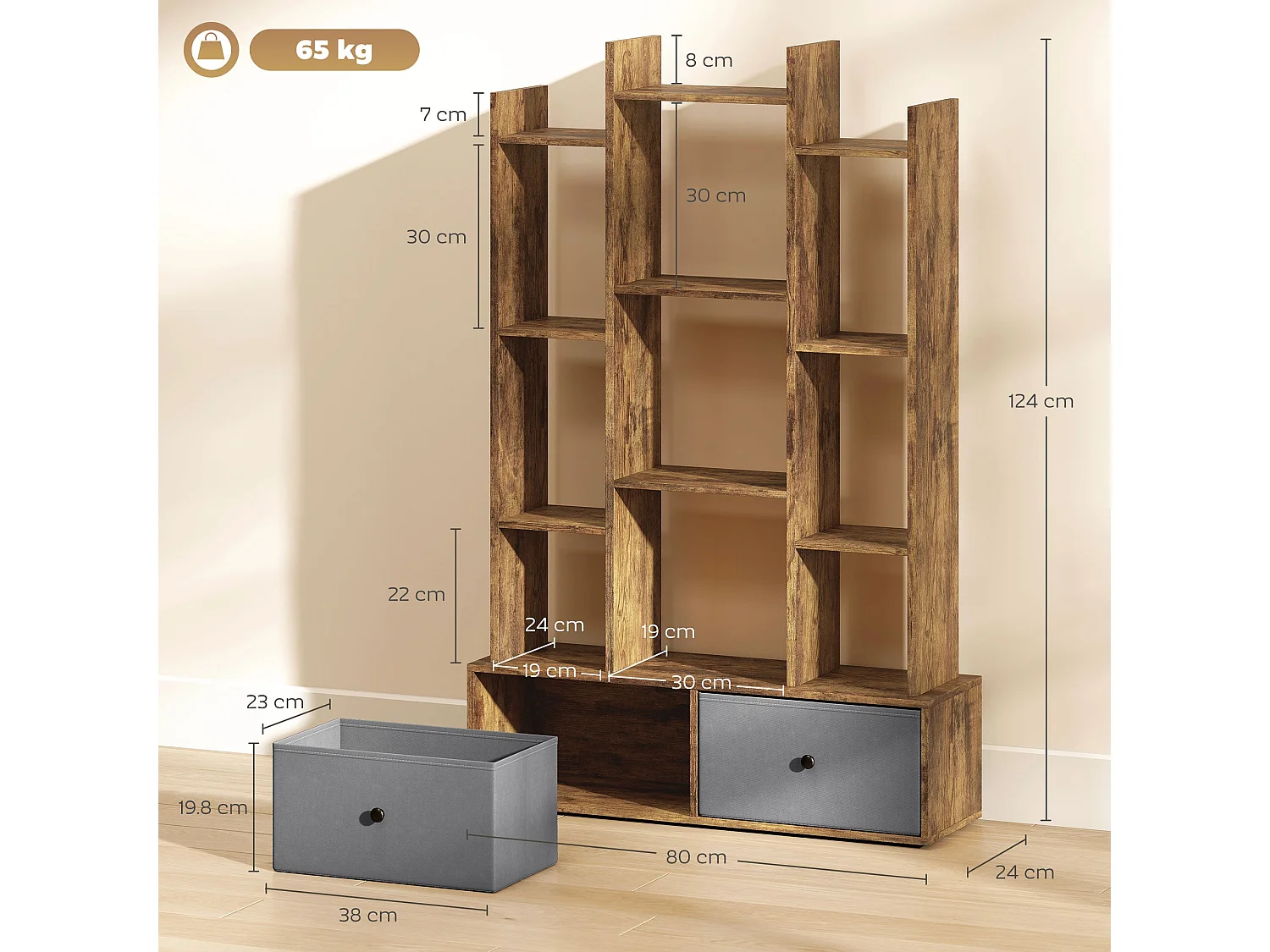 Nero Rustic Brown 12 Compartment Storage Unit with 2 Fabric Drawers