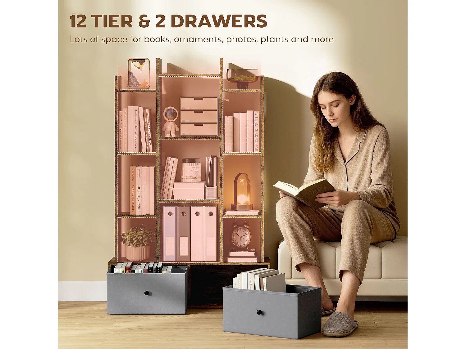 Nero Rustic Brown 12 Compartment Storage Unit with 2 Fabric Drawers