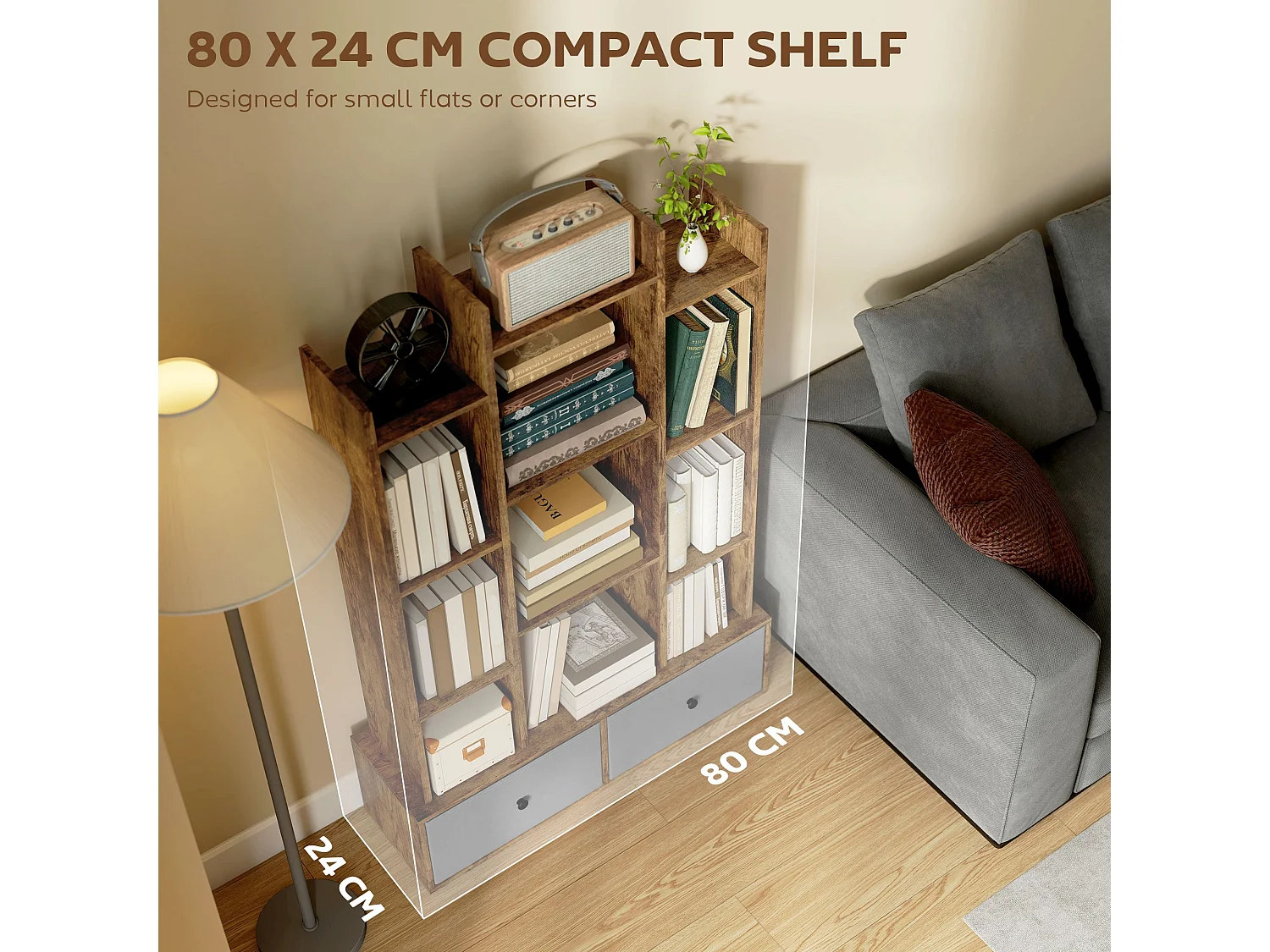 Nero Rustic Brown 12 Compartment Storage Unit with 2 Fabric Drawers