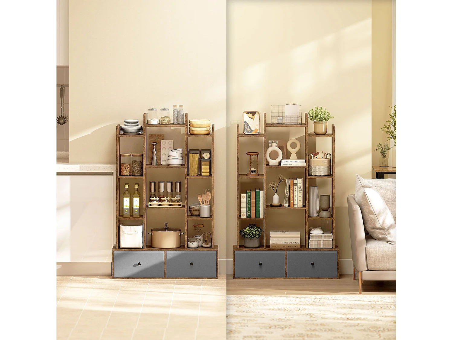 Nero Rustic Brown 12 Compartment Storage Unit with 2 Fabric Drawers