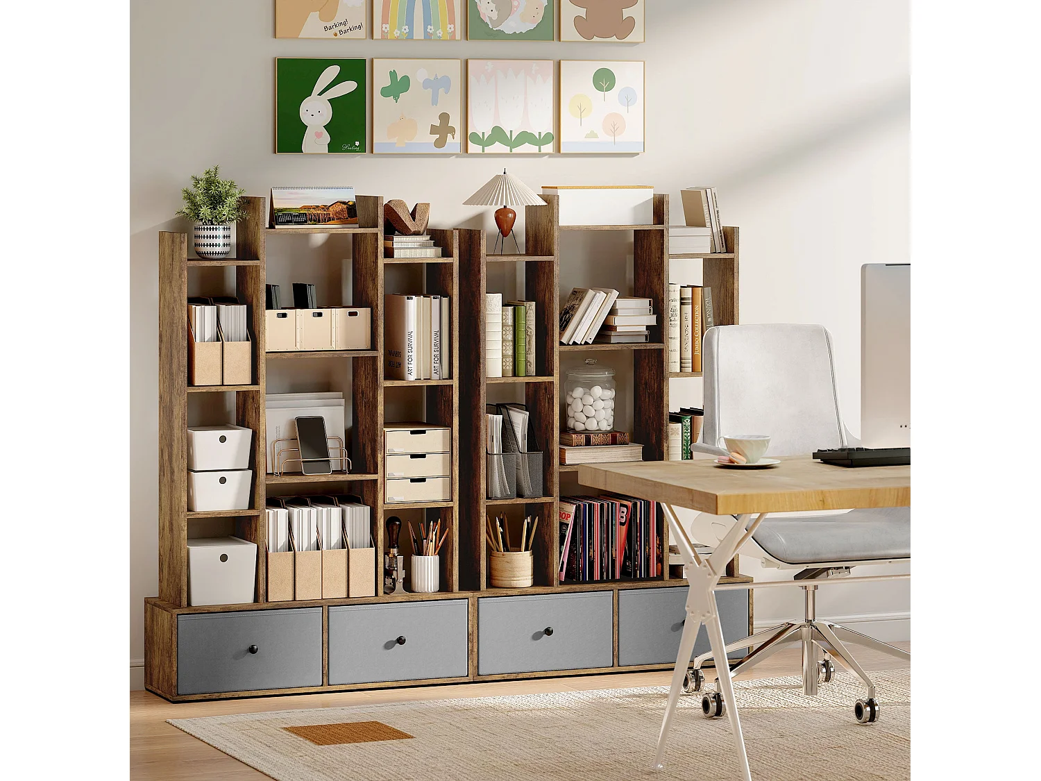Nero Rustic Brown 12 Compartment Storage Unit with 2 Fabric Drawers
