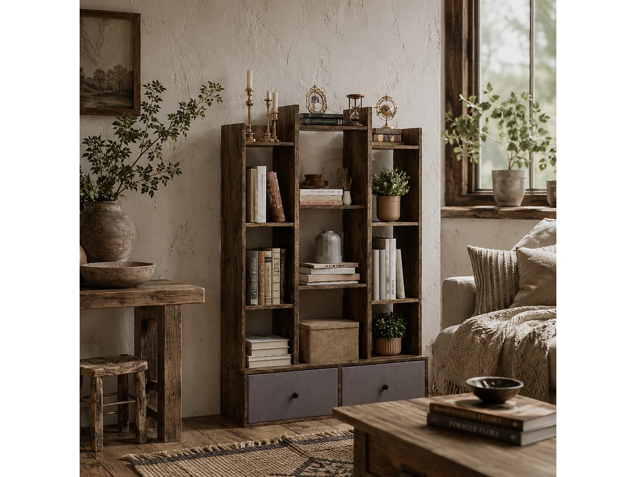 Nero Rustic Brown 12 Compartment Storage Unit with 2 Fabric Drawers