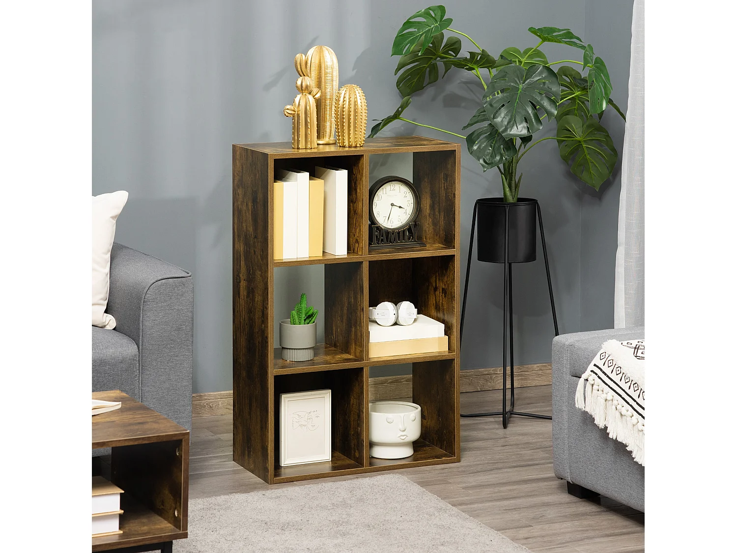 Mara Rustic Brown Industrial 6 Compartment Freestanding Bookcase