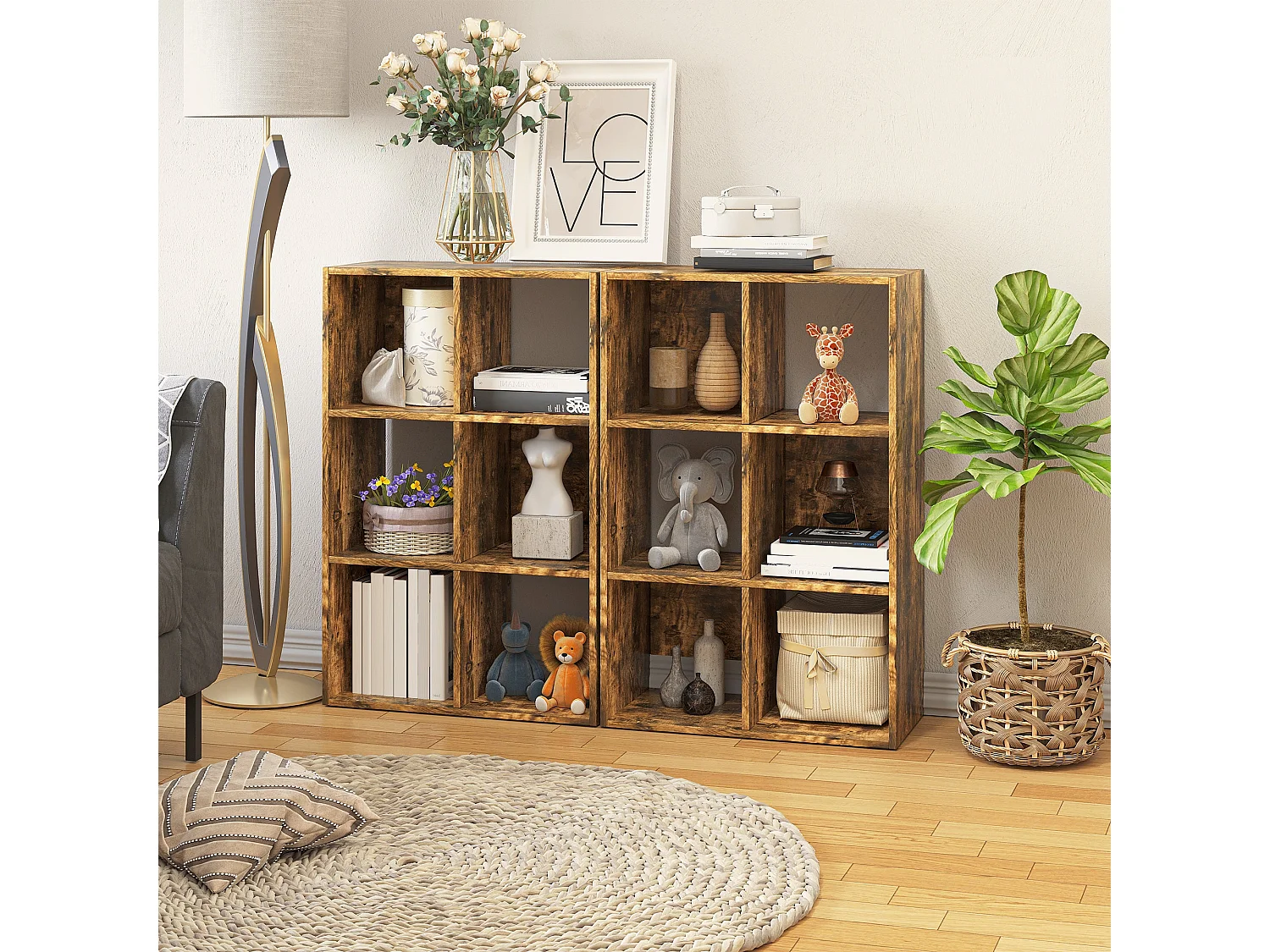 Mara Rustic Brown Industrial 6 Compartment Freestanding Bookcase