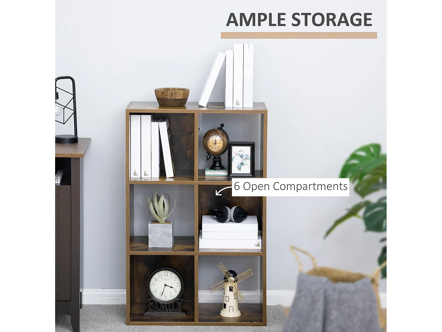 Mara Rustic Brown Industrial 6 Compartment Freestanding Bookcase