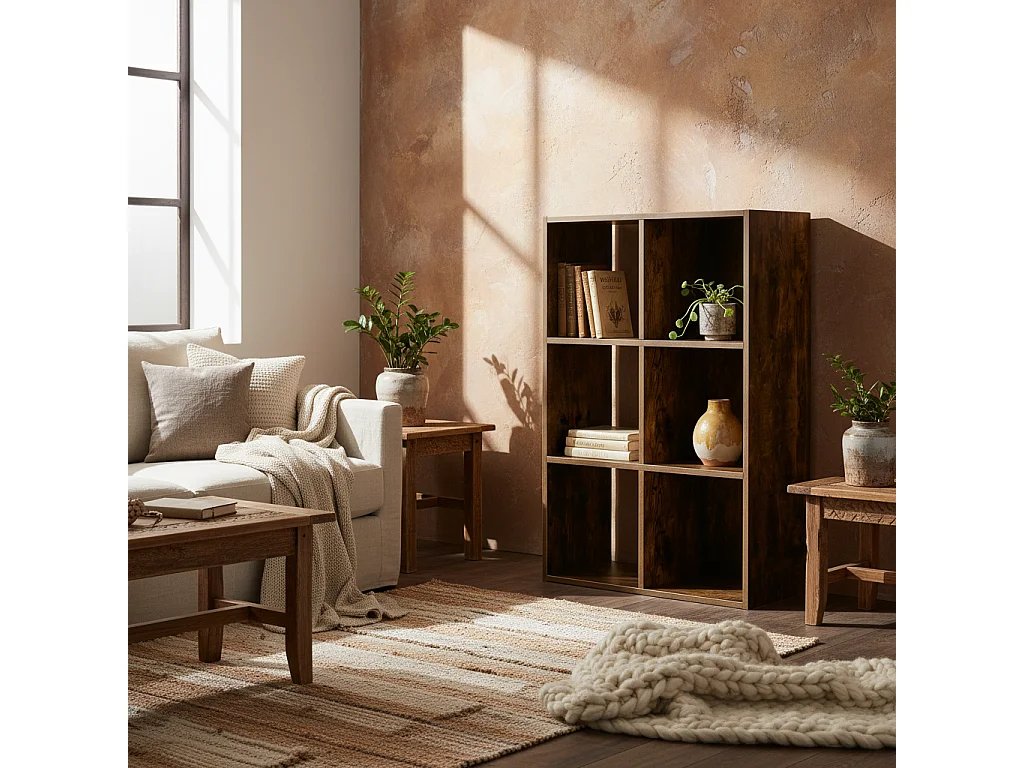 Mara Rustic Brown Industrial 6 Compartment Freestanding Bookcase