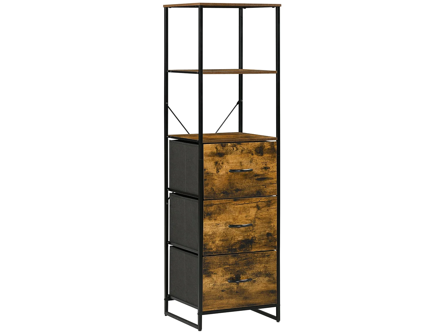 Rana Tall Storage Unit Black Metal Frame Rustic Brown Shelves With Fabric Drawers