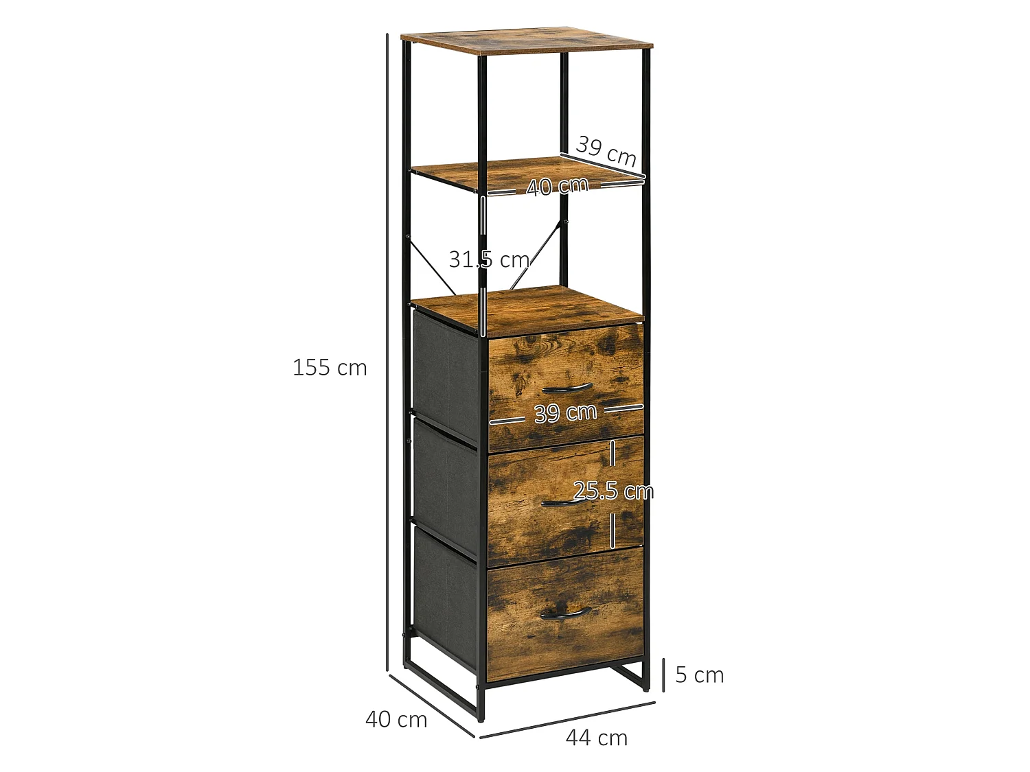 Rana Tall Storage Unit Black Metal Frame Rustic Brown Shelves With Fabric Drawers