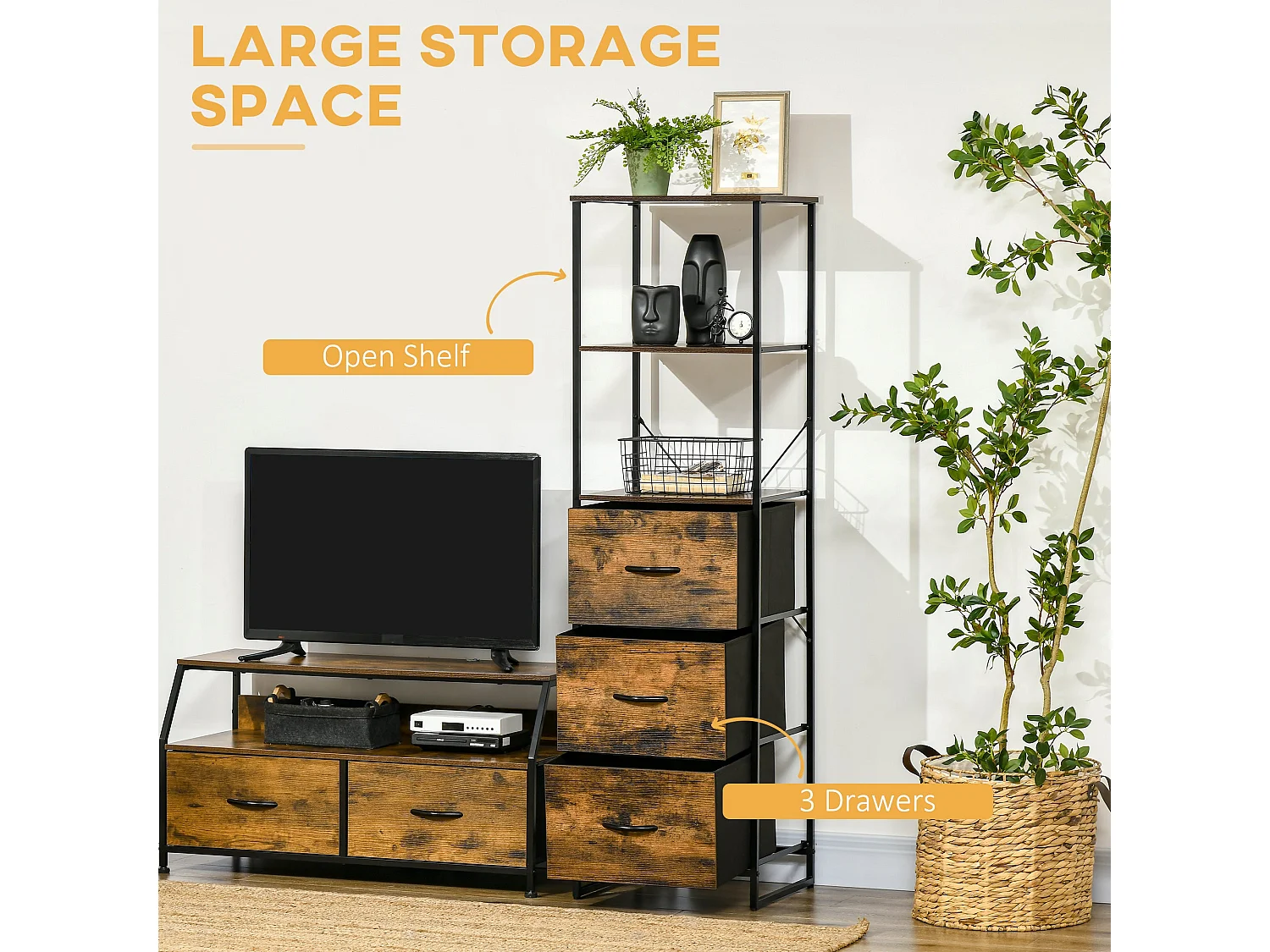 Rana Tall Storage Unit Black Metal Frame Rustic Brown Shelves With Fabric Drawers