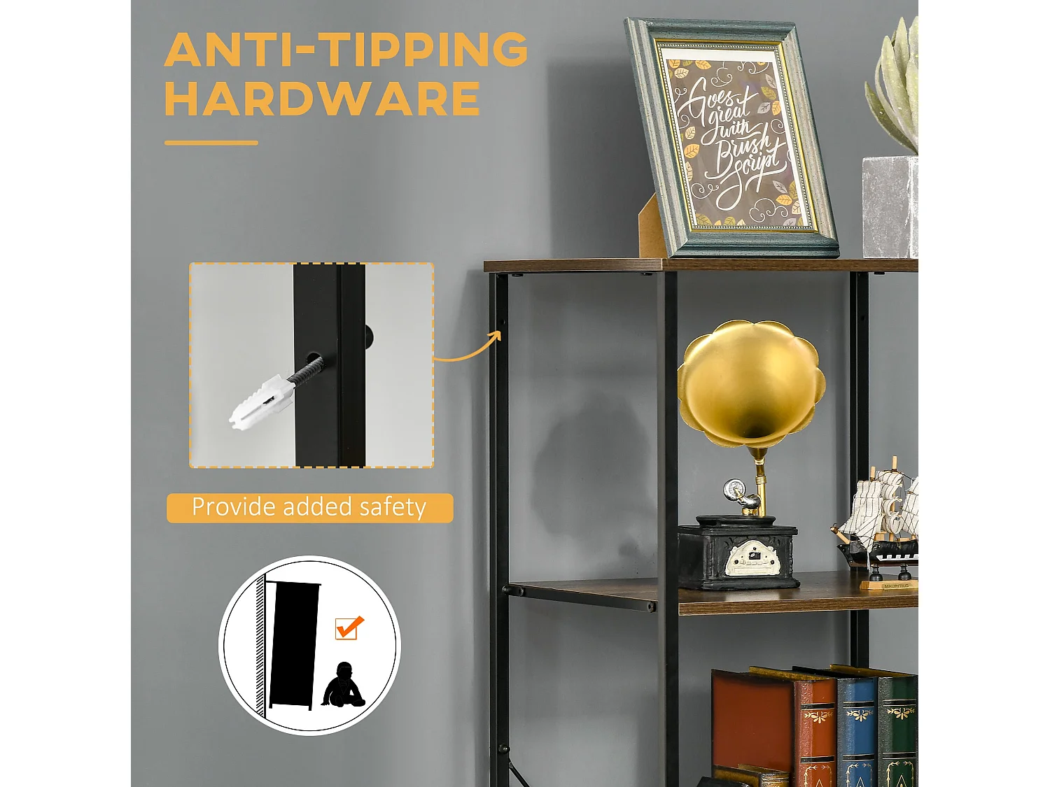 Rana Tall Storage Unit Black Metal Frame Rustic Brown Shelves With Fabric Drawers