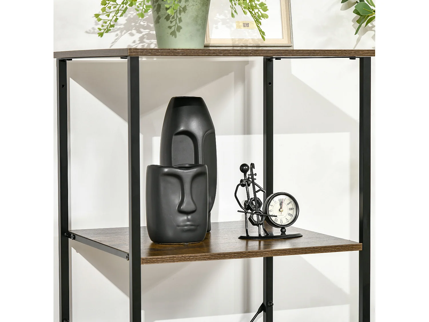 Rana Tall Storage Unit Black Metal Frame Rustic Brown Shelves With Fabric Drawers