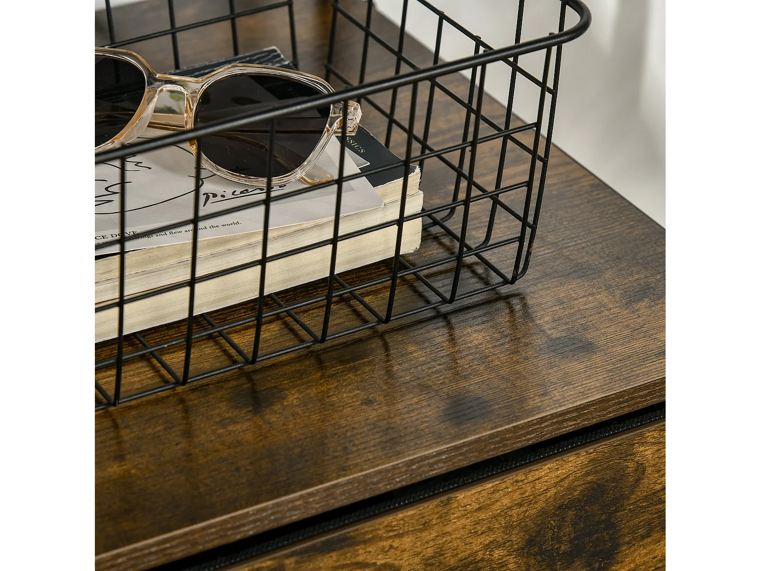 Rana Tall Storage Unit Black Metal Frame Rustic Brown Shelves With Fabric Drawers